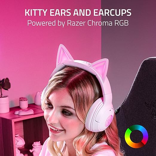 Razer Kraken Kitty V2 BT Wireless RGB Headset, White | Chroma RGB Kitty Ears & Earcups, Bluetooth 5.2, 40 mm Drivers, Noise-cancelling Mics, Lightweight, USB-C, 40 Hr Battery - Image 2