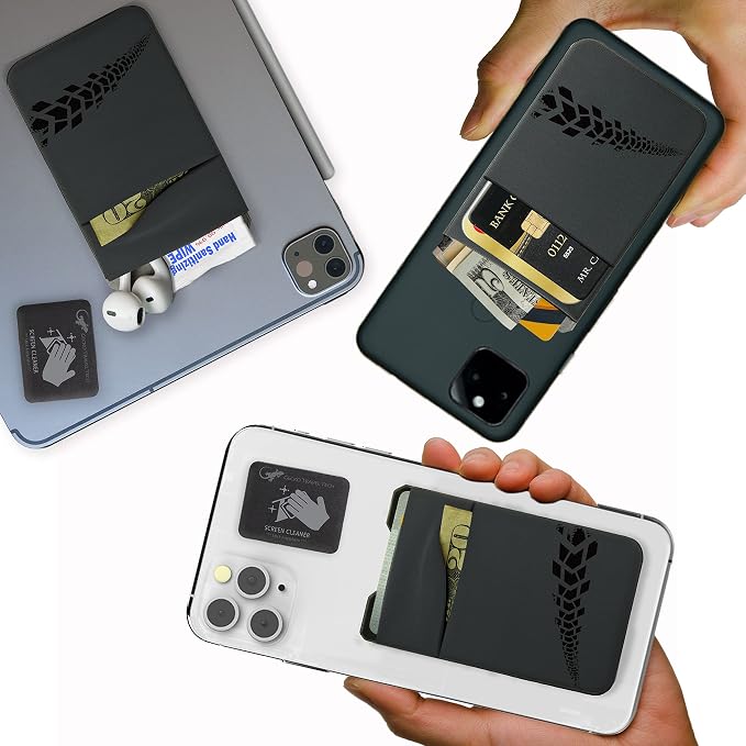 Gecko Travel Tech Double Pocket - Adhesive Card Holder - Cell Phone Pouch - Stick on Spandex Pocket - Carry Credit Cards and Cash (Gray - TIRE) - Image 4