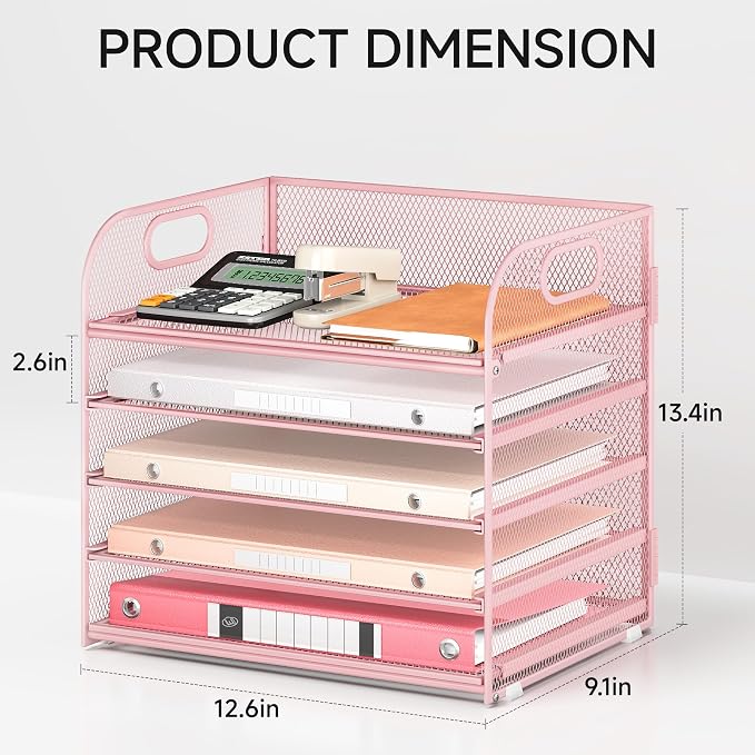 5 Tray Paper Organizer Letter Tray with Handle - Mesh Desk File Organizer, Paper Sorter Organizer for Office, Home or School File Folder Holder - Pink - Image 2