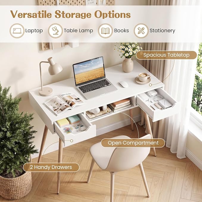 Giantex White Computer Desk with Drawers, 42.5" Minimalist Mid Century Modern Vanity Writing Desk with Open Storage Cubby & Metal Leg, Compact Wooden Study Table for Small Spaces Home Office (White) - Image 4