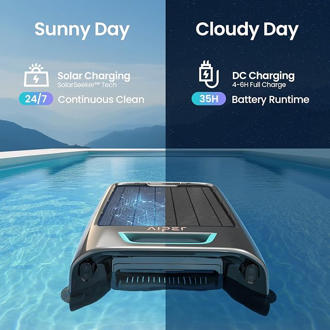 AIPER EcoSurfer S2 Solar Powered Pool Surface Skimmer Robot with APP Support, 24/7 Continuous Cleaning, Dual Charging Modes, Smart Obstacle Avoidance, 150-um Filtration, OTA Upgrade, Gray | Dual Charging Modes, Smart Obstacle Avoidance, 150-um Filtrati... - Image 2