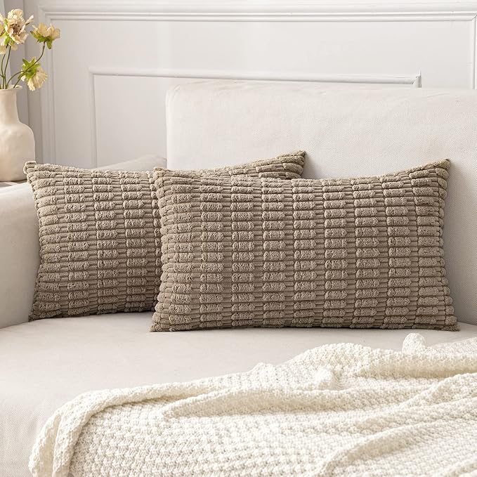 MIULEE Pack of 2 Corduroy Decorative Lumbar Throw Pillow Covers 20x12 Inch Soft Boho Striped Pillow Covers Modern Farmhouse Home Decor for Sofa Living Room Couch Bed Light Brown by MIULEE