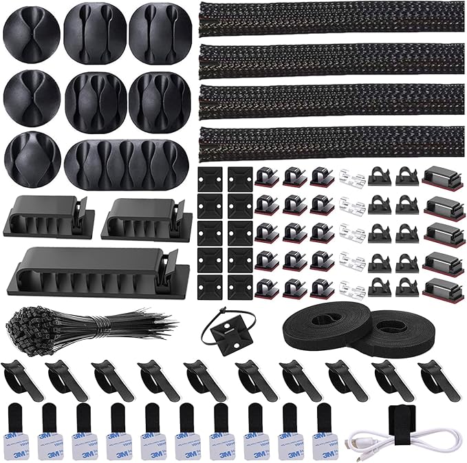 N NOROCME 192 PCS Cable Management Kit 4 Wire Organizer Sleeve | 11 Cable Holder,35Cord Clips 10+2 Roll Cable Organizer Straps,100 Fastening Cable Ties,for Computer TV Under Desk by N+NOROCME