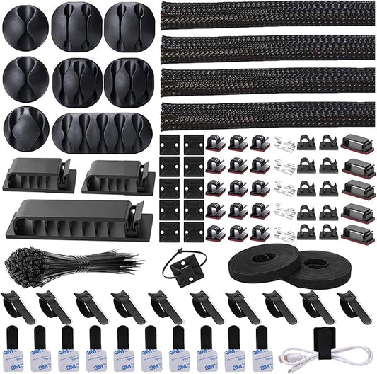 N NOROCME 192 PCS Cable Management Kit 4 Wire Organizer Sleeve | 11 Cable Holder,35Cord Clips 10+2 Roll Cable Organizer Straps,100 Fastening Cable Ties,for Computer TV Under Desk by N+NOROCME