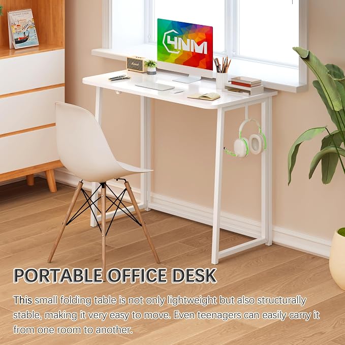 4NM 31.5" Small Folding Desk, Foldable Computer Home Office Desk, Study Writing Table for Small Space Saving Bedroom, Easy Assembly - All White - Image 6
