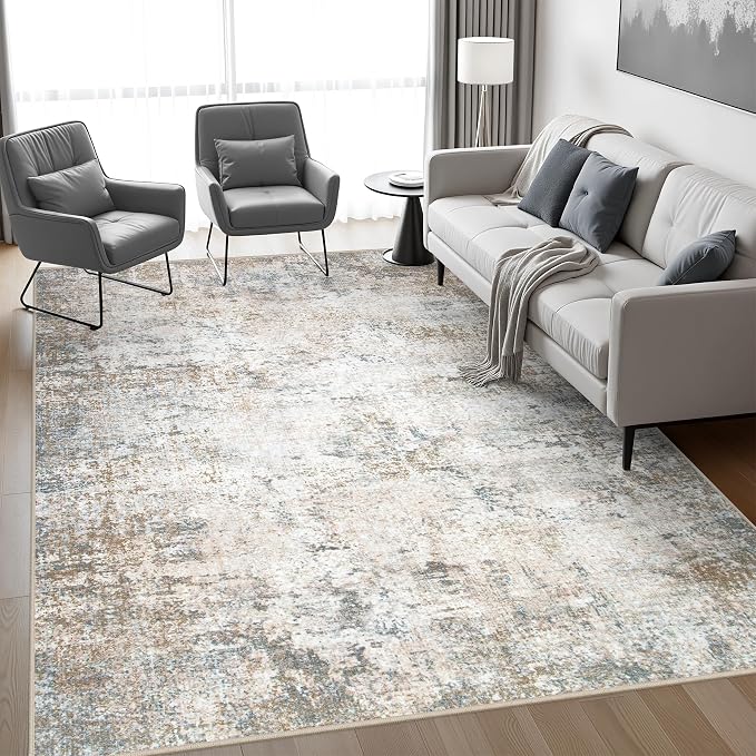 9x12 Area Rug Living Room Rug: Washable Modern Abstract Soft Thin Rug Indoor Floor No Slip Stain Resistant Carpet for Bedroom Dining Room Farmhouse Nursery Home Office - Brown Grey - Image 3