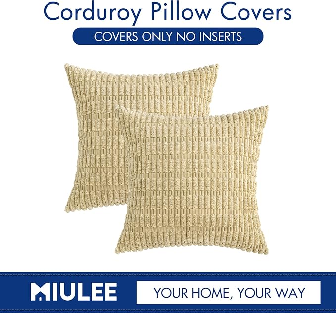 MIULEE Pack of 2 Corduroy Decorative Euro Sham Throw Pillow Covers 24x24 Inch Soft Boho Striped Pillow Covers Modern Farmhouse Home Decor for Sofa Living Room Couch Bed Beige - Image 6