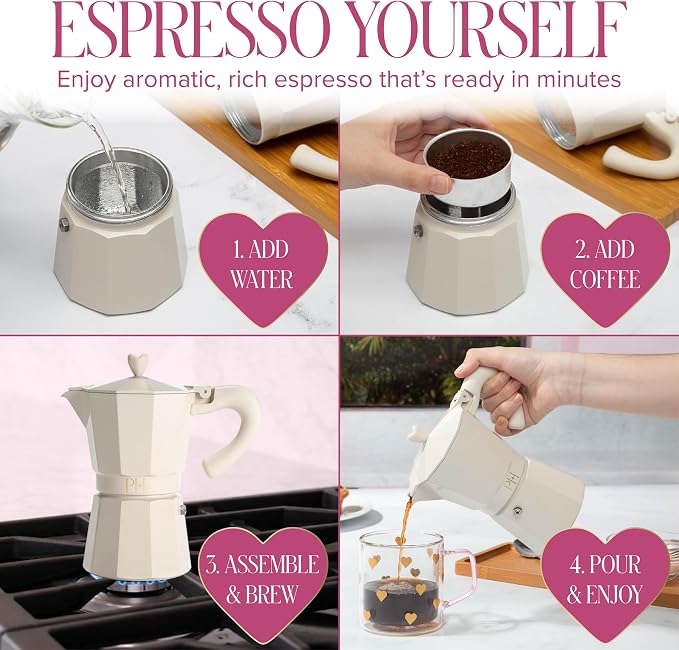 Paris Hilton Stovetop Espresso and Coffee Maker, Italian & Cuban Style Coffee Pot with Iconic Heart Knob, Perfect for Rich Aromatic Espresso, Makes up to 6 Espresso Cups, Cream - Image 6