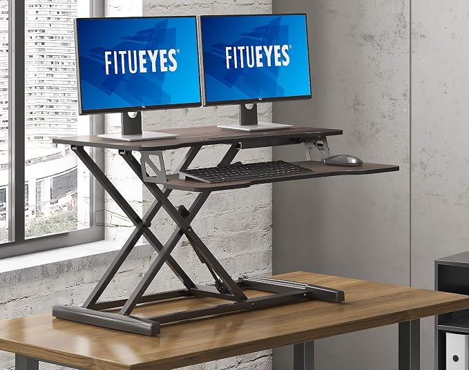 FITUEYES Height Adjustable Standing Desk 32” Wide Sit to Stand Converter Stand Up Desk Tabletop Workstation for Laptops Dual Monitor Riser Brown SD308002WE - Image 6