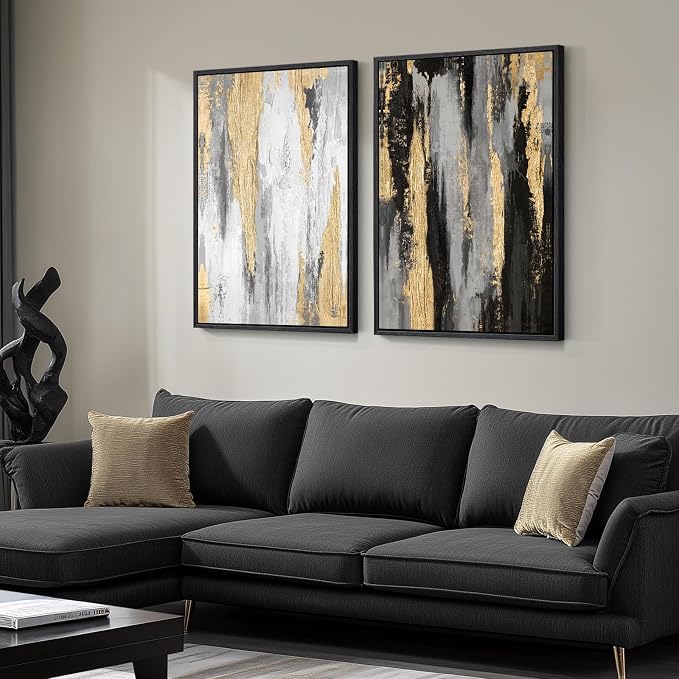 Large Framed Black and White Abstract Wall Art for Living Room, Set of 2 Piece Minimalist Canvas Prints Paintings Artwork for Walls, Modern Black Gold Pictures for Hallway Office Wall Decor Big Size 24x36 In - Image 2