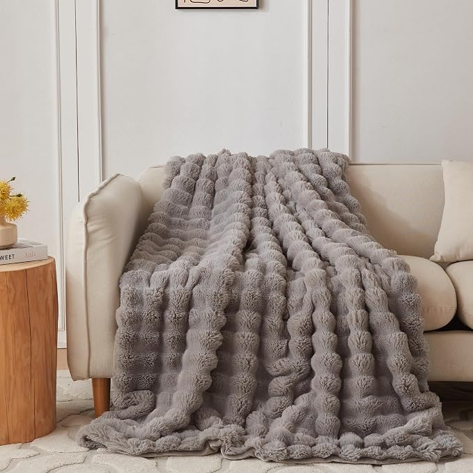 COOVA Faux Fur Throw Blanket for Couch, Cozy Soft and Fuzzy Plush Rabbit Fur Bubble Blanket for Sofa Bedroom Living Room, 50x60 Inches Grey by COOVA