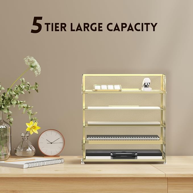 Supeasy 5 Trays Paper Organizer Letter Tray with Handle-Mesh Desk File Organizer, Paper Sorter Desk Organizer for Office, Home or School (Golden) - Image 4