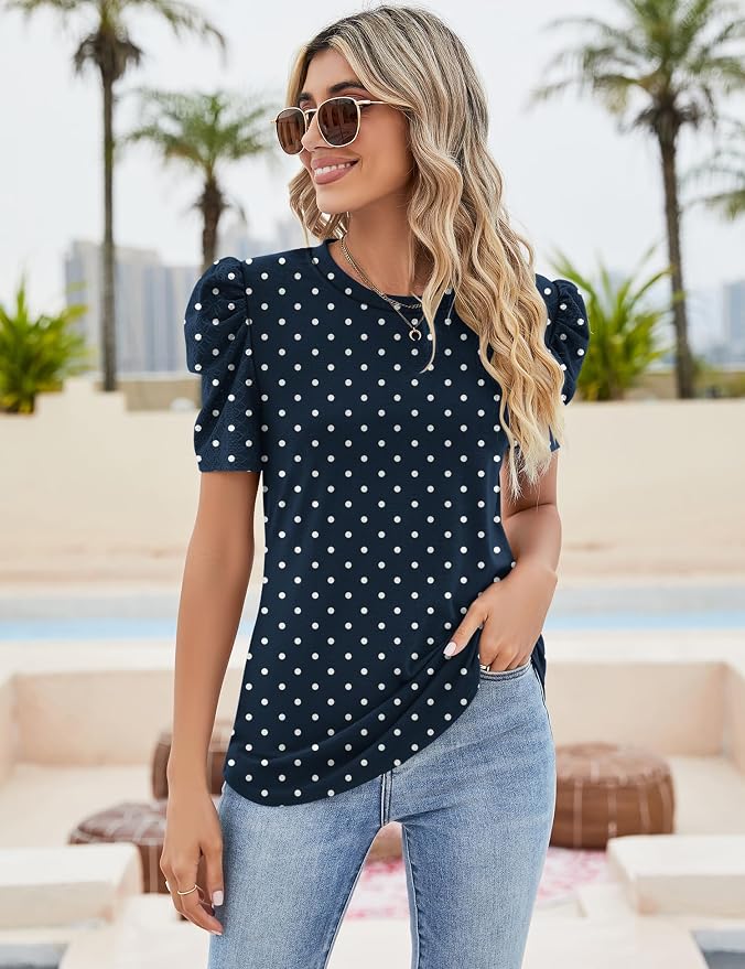 Ivicoer Puff Short Sleeve Shirt for Women Eyelet Tops Summer Crewneck Blouse Loose Fit S-XXL - Image 3