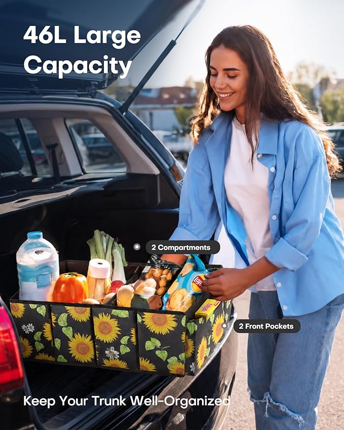 HOTOR Trunk Organizer - Car Organizer, Foldable Trunk organizer for SUVs & Sedans, Sturdy Car Organization for Car Accessories, Tools, Sundries, Sunflower, 2 Compartments, 21.3"×12.6"×10.6" - Image 3