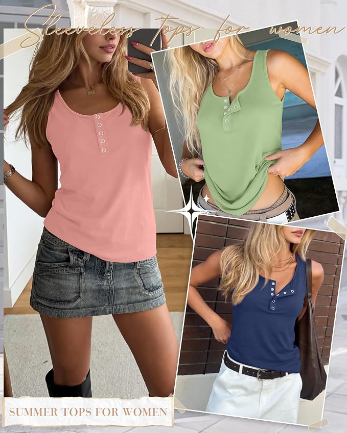 Ficerd 3 Pack Women's Henley Tank Tops Sleeveless Button Down Summer Shirts 2026 Casual Trendy Loose U Neck Tee Blouses - Image 2