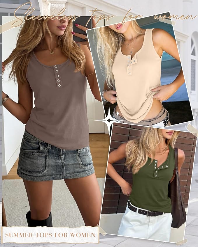 Ficerd 3 Pack Women's Henley Tank Tops Sleeveless Button Down Summer Shirts 2026 Casual Trendy Loose U Neck Tee Blouses - Image 2