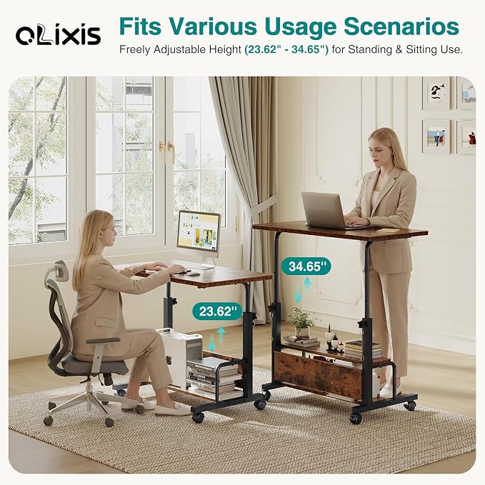 OLIXIS Rolling Desk, Storage Shelves, Laptop Table, Home Office | Height Adjustable Design, Computer Desks on Wheels, Portable for Small Spaces Use, Rustic Brown - Image 6