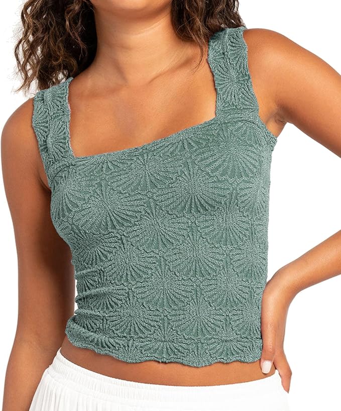 Women's Square Neck Wide Strap Crop Tank Tops Flower Going Out Tops Slim Fit Lettuce Trim Crop Cami Tops by NiceYourLife