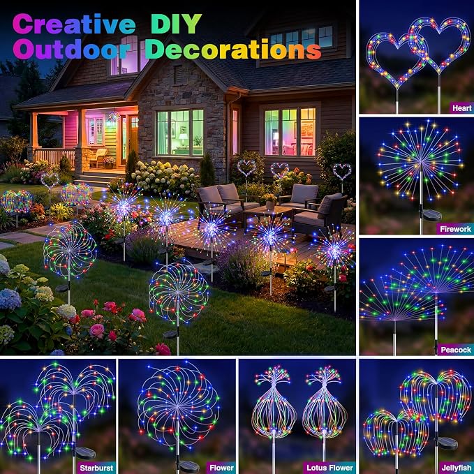 btfarm 2 Pack Solar Garden Lights Outdoor 8 Modes, 120 LED Firework Lights Solar Powered, Waterproof Twinkle Fairy Light Outside for Yard Pathway Lawn Pool Patio Christmas Decorative, Multicolor - Image 4
