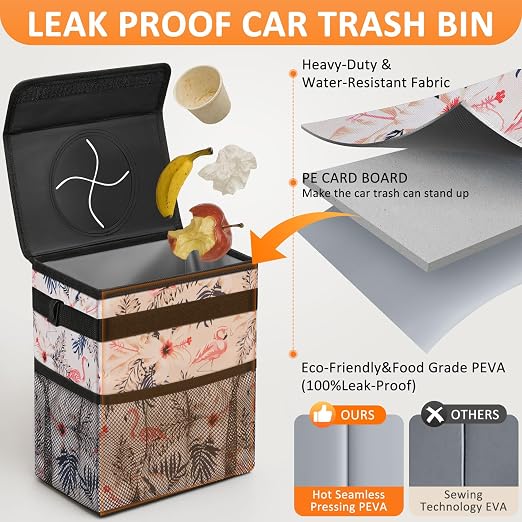 Vankor Cute Car Trash Can, Car Accessories for Women Interior Can Trash Bag Hanging Automotive Garbage Cans Pink Flamingo - Image 3