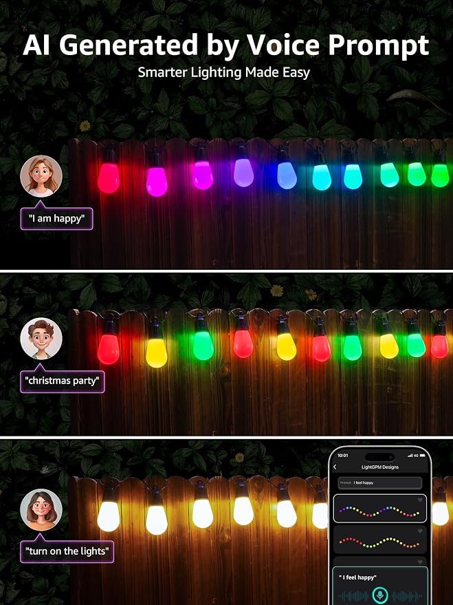 Lepro ZB1 AI Smart Outdoor String Lights, 54(42+12) ft RGB+IC+Warm White Outside Light with 15 Plastic LED Bulbs, Music Sync, Alexa Google Enable, 2.4 GHz WiFi+Bluetooth (APP Control, No Remote) - Image 4