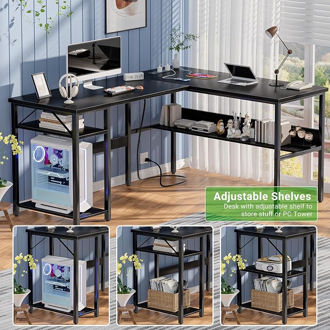 Unikito Reversible L Shaped Desk with Magic Power Outlets and USB Charging Ports, Sturdy Corner Computer Desk with Storage Shelves, Gaming Table Home Office Desk, Easy to Assemble, Black - Image 6