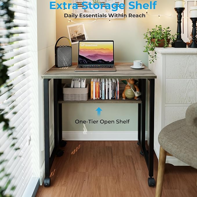 GreenForest Folding Desk with Wheels, 24.8" Rolling Table for Small Spaces | Storage Shelf, Lockable Casters, Compact Portable Workstation, Space-Saving Foldable Sofa Table, Home Office, Mobile, Grey - Image 5