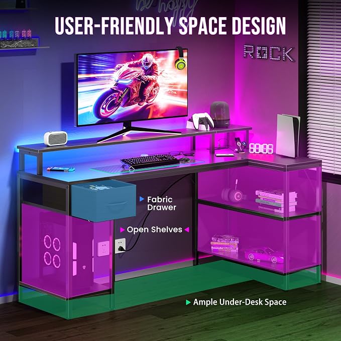 DUMOS Gaming Desk, Monitor Stand, LED Lights, Storage Shelves | USB Charging Ports, Power Outlets, Reversible L Shaped Corner, Small Spaces, Black - Image 7