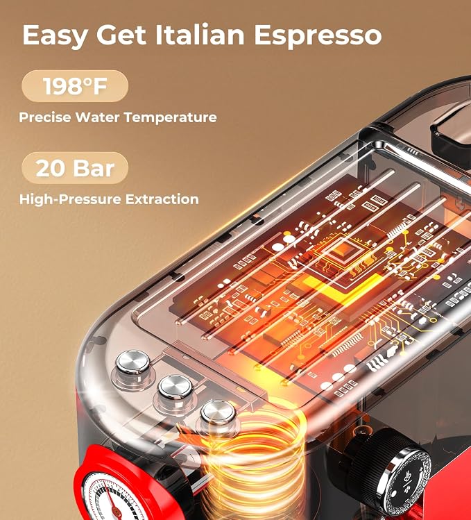 atatix 20 Bar Espresso Machine with Milk Frother, Compact Espresso Maker | Stainless Steel Coffee Machine with Precise Temp Control & 44oz Removable Water Tank for Latte, Cappuccino, Red - Image 5