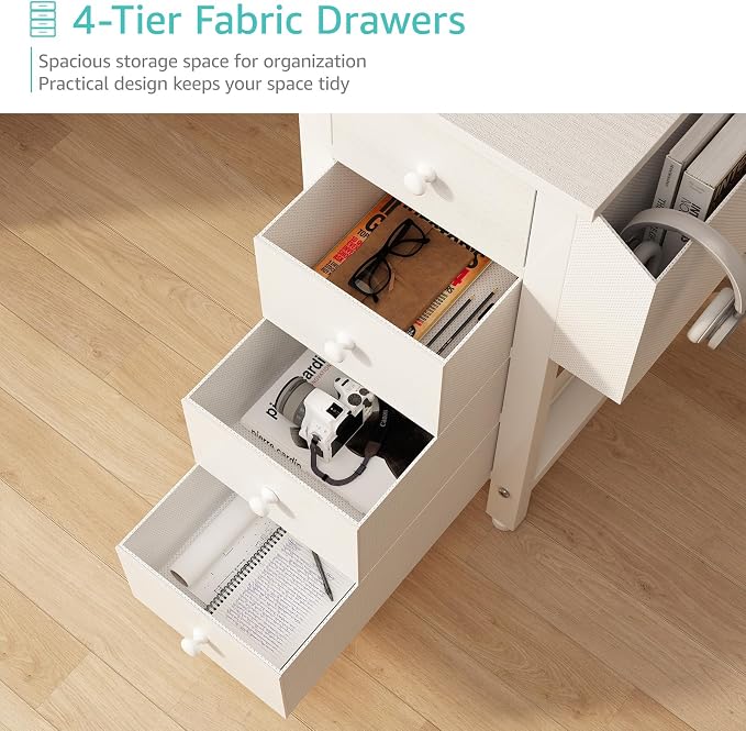 Lufeiya White L Shaped Computer Desk with Drawers & Storage Shelves, 47 Inch Corner Reversible Desk with Power Outlet for Home Office Bedroom, L-Shaped Teen PC Desks with Fabric Drawer, White - Image 5