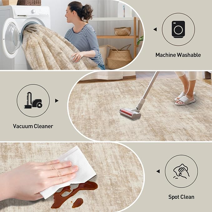 4x6 Area Rugs Washable Rug: Modern Abstract Living Room Rug Soft Anti-Skid Thin Carpet Indoor Floor Non-Shedding Carpets for Bedroom Dining Room Farmhouse Nursery Home Office - Beige - Image 4