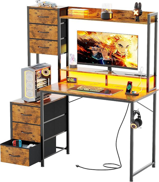 MUTUN 47 Inch Computer Gaming Desk with Hutch Power Outlet and LED Strip, Home Office Work Study Writing Desk with 6 Fabric Drawers and Storage for Bedroom, Escritorios para Computadoras, Rustic Brown by MUTUN