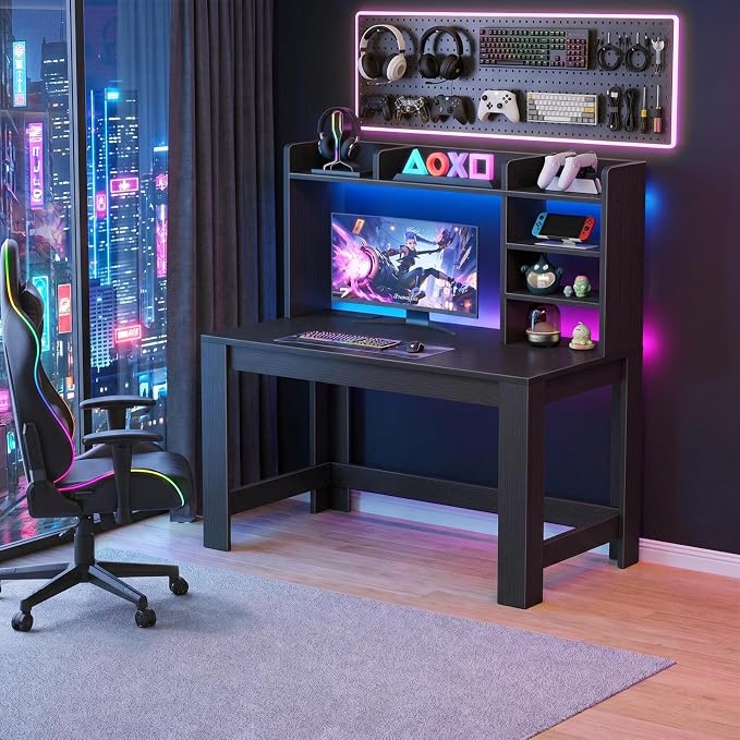 WINAZ 43" Black Gaming Desk with Hutch and Built-in Power Outlet | Modern Computer Desk with 3-Tier Storage Shelves and Hutch, Space-Saving Writing Table for Home Office - Image 2