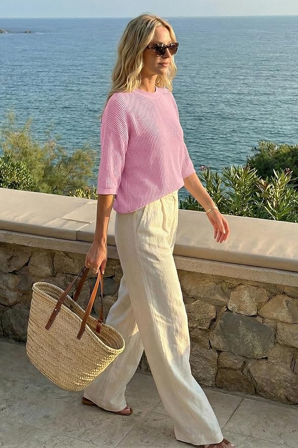 Arach&Cloz Womens Summer 100% Cotton Oversized Crochet Tops 3/4 Length Sleeve Sweater Hollow Out Casual Blouses 2026 - Image 5