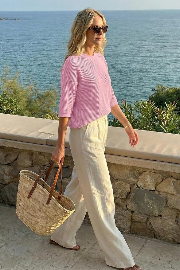 Arach&Cloz Womens Summer 100% Cotton Oversized Crochet Tops 3/4 Length Sleeve Sweater Hollow Out Casual Blouses 2026 - Image 5