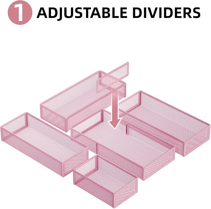 Marbrasse 5 Pack Desk Drawer Organizer Set, Mesh Drawer Storage Trays with 1 Adjustable Divider, Desk Organizers and Accessories, 5 PCS Drawer for Office Supplies, Makeup & Vanity (Pink) - Image 4