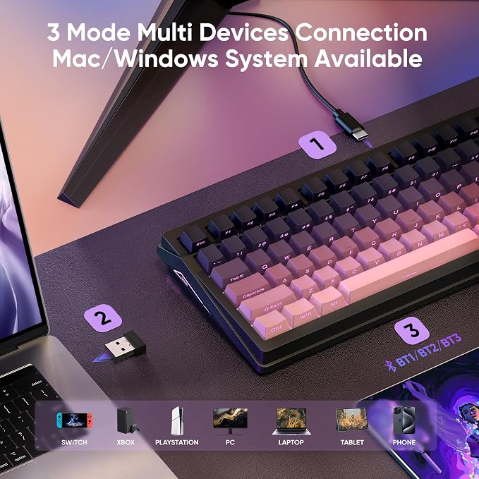 RedThunder K95 Wireless Mechanical Keyboard,TFT Screen & Knob, Trip-Modes Connection, Gasket Custom Hot-Swap Keyboard, RGB Backlit, Pre-lubed Linear Switches, Side Printed PBT Keycaps, Gradient Pink - Image 4