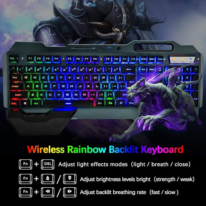 Wireless Gaming Keyboard and Mouse,Rainbow Backlit Rechargeable Keyboard Mouse with 3800mAh Battery Metal Panel,Removable Hand Rest Mechanical Feel Keyboard and 7 Color Gaming Mute Mice for PC Gamers - Image 2