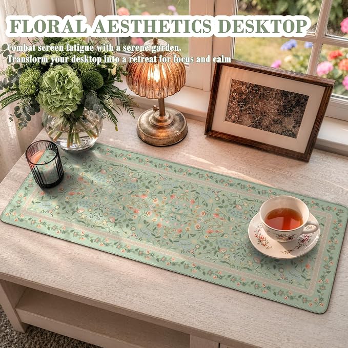 iCasso Aesthetic Floral Desk Mat,31.5x11.8in Mouse Pads,Light Green | Anti-Slip Mousepad with Stitched Edges, Waterproof Computer Pad, Desk Accessories Office Decor for Women - Image 6