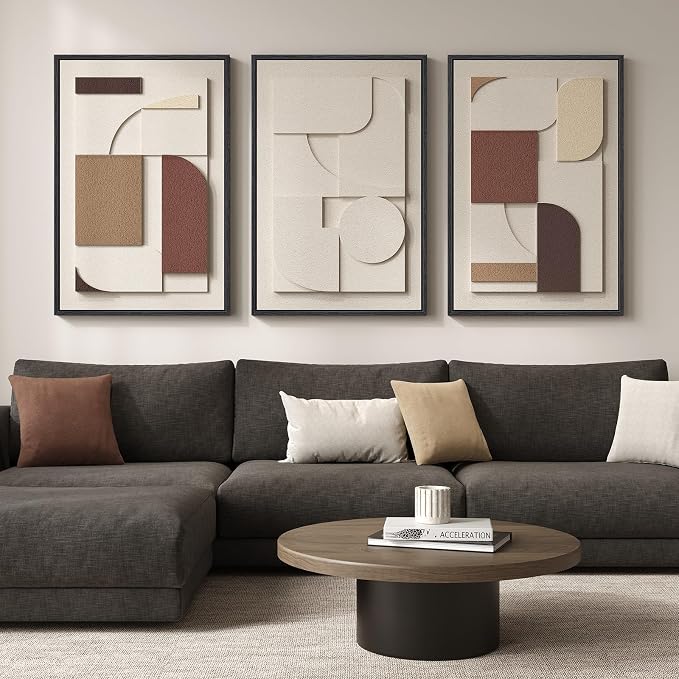 Large Framed 3D Textured Neutral Abstract Wall Art for Living Room, 3 Piece Modern Paintings Artwork for Walls, Minimalist Geometric Pictures for Hallway Office Dining Bedroom Wall Decor 24x36 In - Image 2