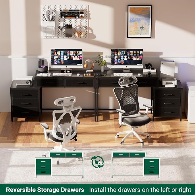 Unikito Reversible Computer Desk with 5 Drawers, Sturdy Office Desk with Power Outlets and USB Ports, Corner Writing Table with File Cabinet & Printer Stand, Vanity Desk with Storage, Black - Image 5