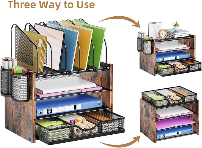 Marbrasse Desk organizer with Drawer, 4-Tier Wooden File Organizer with 5 Vertical File Holders and 2 Pen Holders, Desk Organizers and Accessories for Home Office - Dark Brown - Image 4
