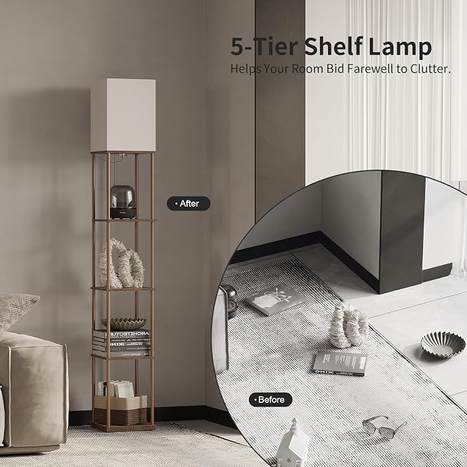 SUNMORY 5 Tier Floor Lamp with Shelves, Modern Square Standing Lamp with 3 Color Temperature Bulb, Corner Display Bookshelf Lamp for Living Room and Bedroom, Tall Shelf Floor Lamp Brown - Image 5