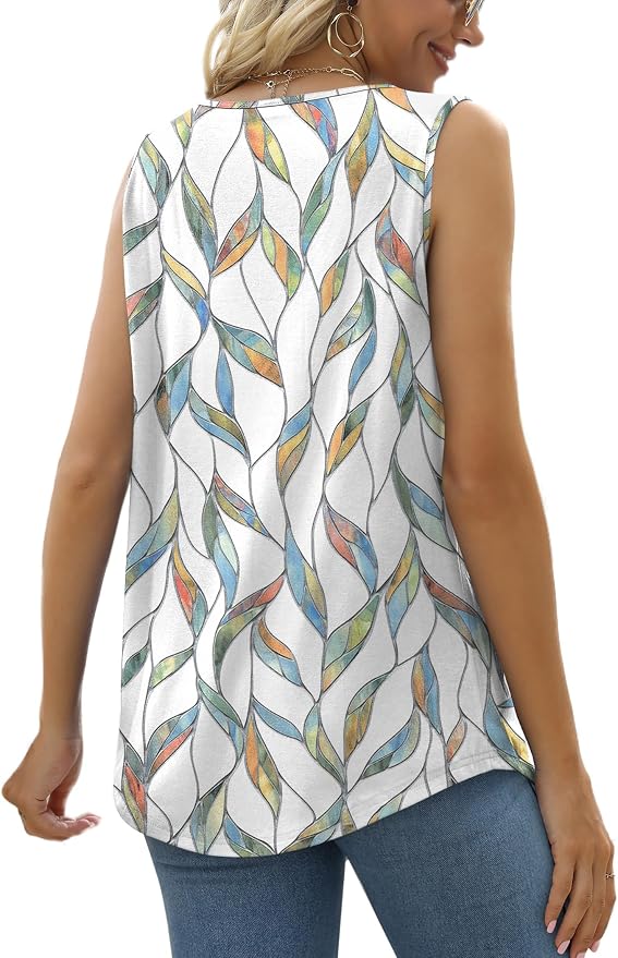 Saloogoe Summer Tank Tops for Women Loose Fit Pleated Square Neck Sleeveless Tops Curved Hem Flowy - Image 4