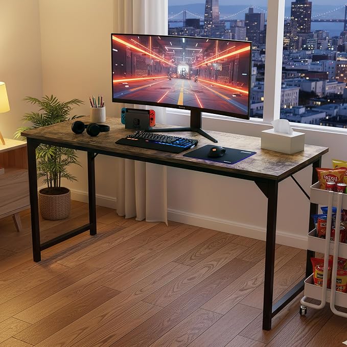 OLIXIS 63 Inch Computer Office Desk for Small Spaces, Writing Gaming Work Desk Modern Study Table with Storage Bag & Headphone Hook Home Bedroom, Rustic Brown | Computer Writing Workstation, Strong Metal Frame, Small Spaces Home Bedroom Dorm, Rustic Brown - Image 2