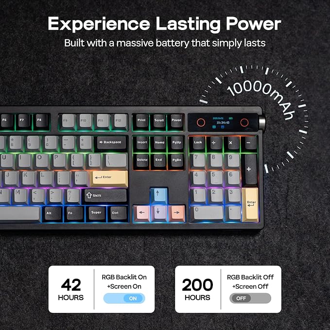 EPOMAKER TH108 PRO Full Size Mechanical Keyboard with Screen & Knob, Wireless Gaming Keyboard with 10000mAh, Creamy Gasket, Hot Swap, Custom Driver, RGB Backlight (Black, Sea Salt Silent) - Image 4