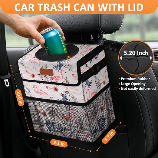 Vankor Cute Car Trash Can, Car Accessories for Women Interior Can Trash Bag Hanging Automotive Garbage Cans Pink Flamingo - Image 2