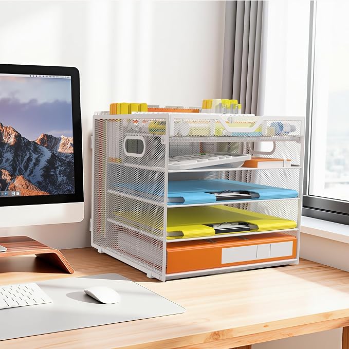 Docnest 5 Tier Desk Organizer with Hanging File Folder Holder&Tray, White | Features 3 detachable pen holders and 4 removable dividers.Versatile mesh desktop storage for mail, document,office supplie - Image 6