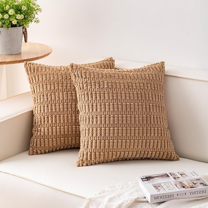Aegero Pack of 2 Corduroy Decorative Throw Pillow Covers 20x20 InchSoft Striped Pillow Covers Modern Farmhouse Home Decor for Sofa Living Room Couch Bed（Coffee） by Unknown