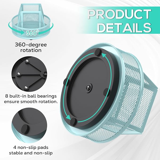 YINGHUA Metal Mesh Desk Organizer with 5 Compartments and Rotating Pencil Holder Pen and Stationery Organizer for Office Home School Anti Slip Base Blue - Image 4